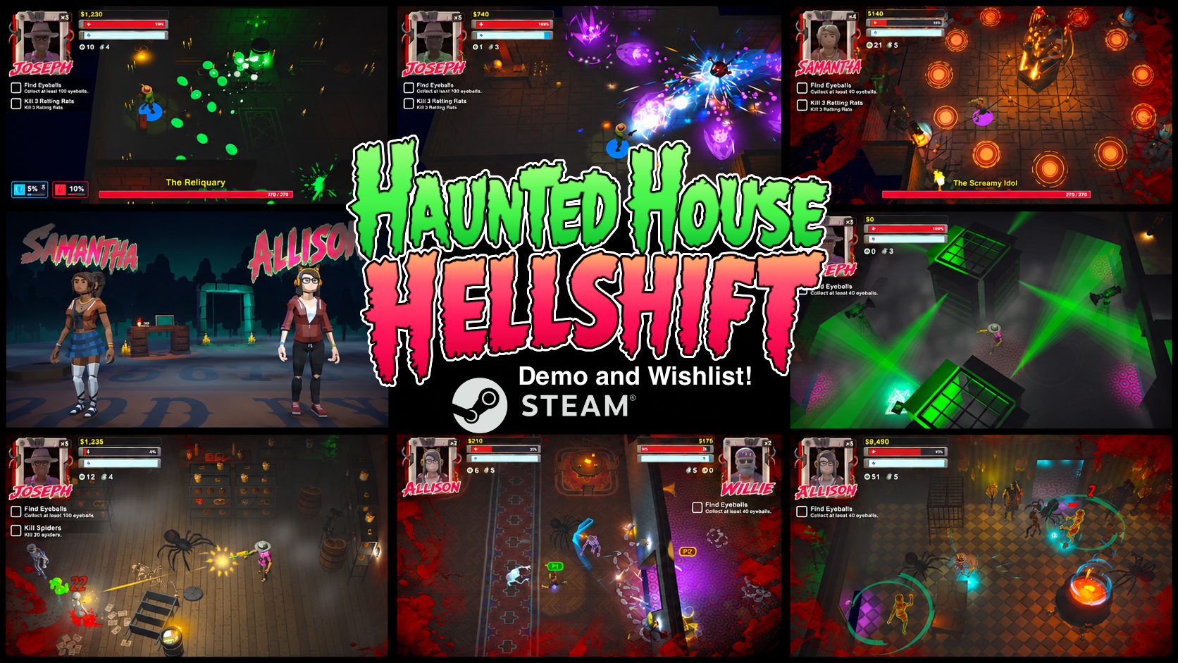 Haunted House Hellshift logo over a collage of characters and gameplay screenshots