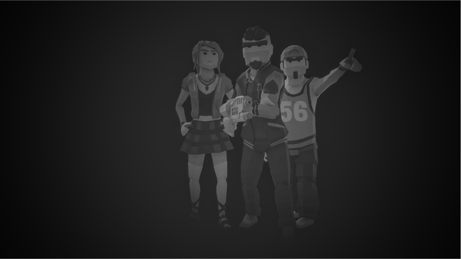 Three characters posing together in a grayscale promotional image.