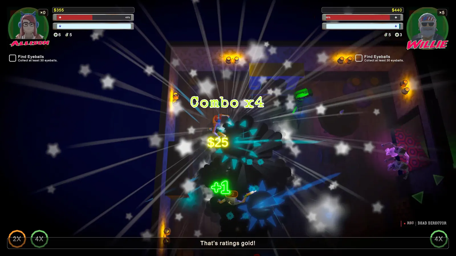 Two players fighting monsters in Haunted House Hellshift while combo effects fill the screen.