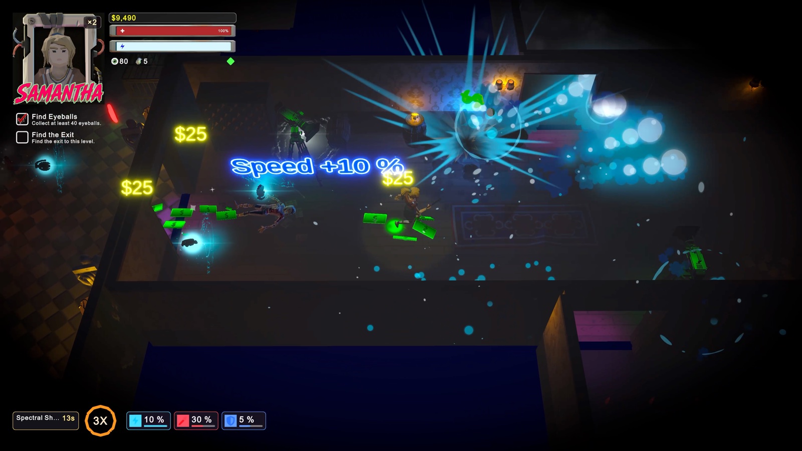 Samantha firing through a haunted room filled with enemies, pickups, and blue projectile effects.