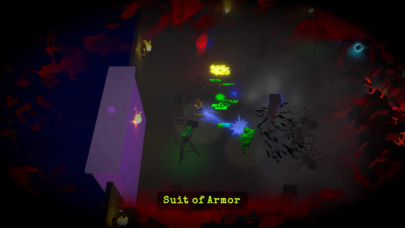 Players fighting through a haunted room filled with enemies and projectiles.