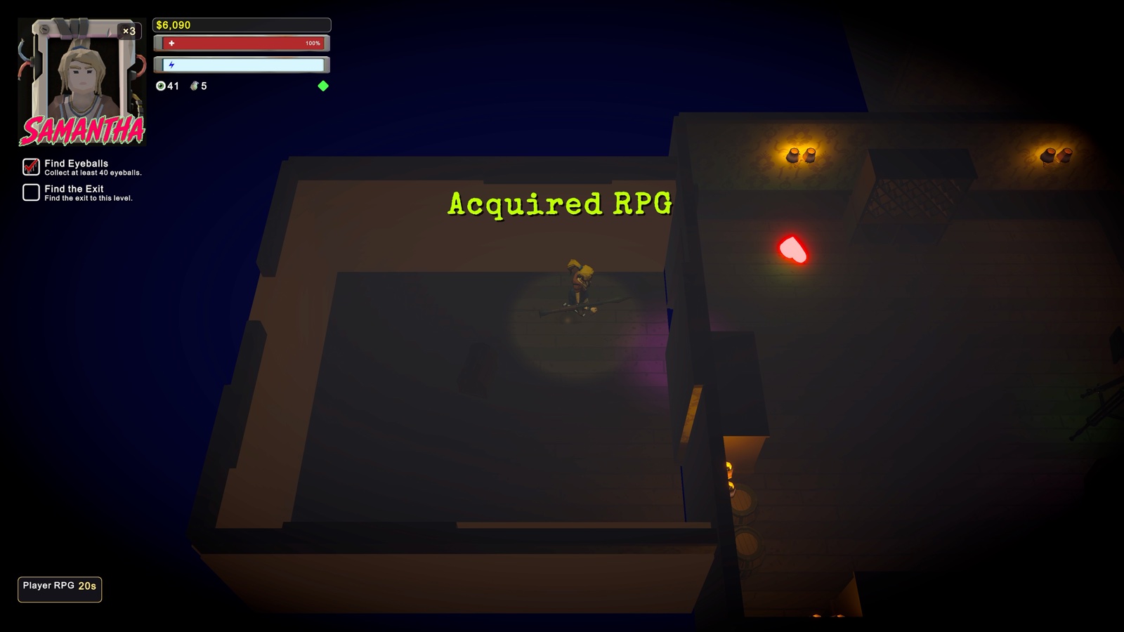 Samantha acquiring an RPG in a dark haunted room.