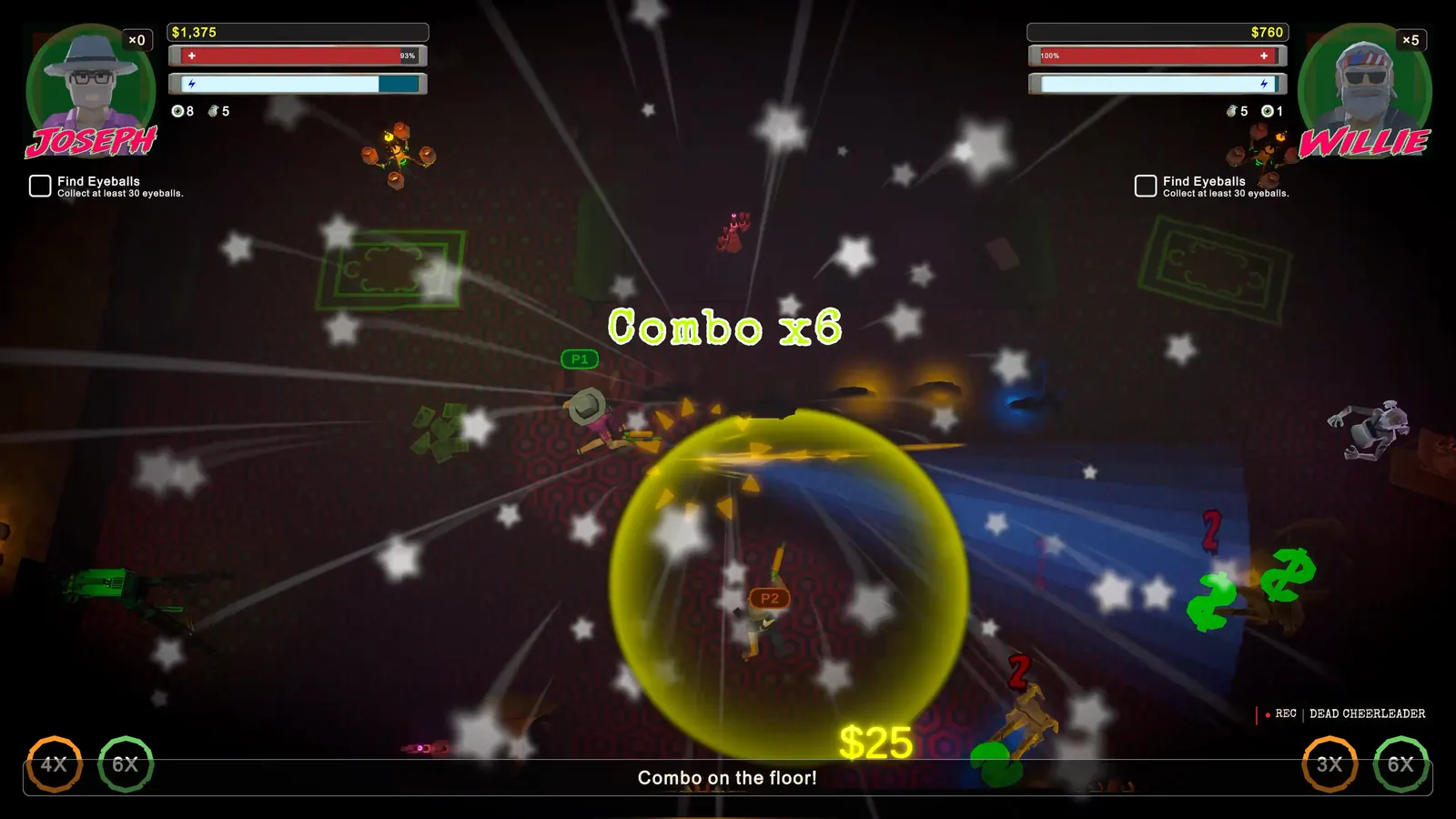 A player battling monsters near haunted furniture and glowing pickups.