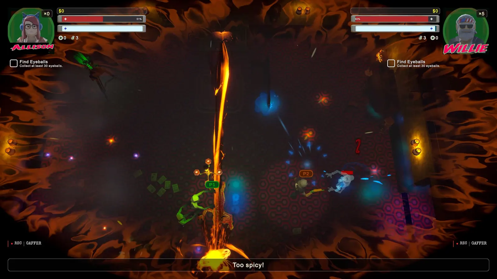 Two players dodging hazards in a fiery haunted room.