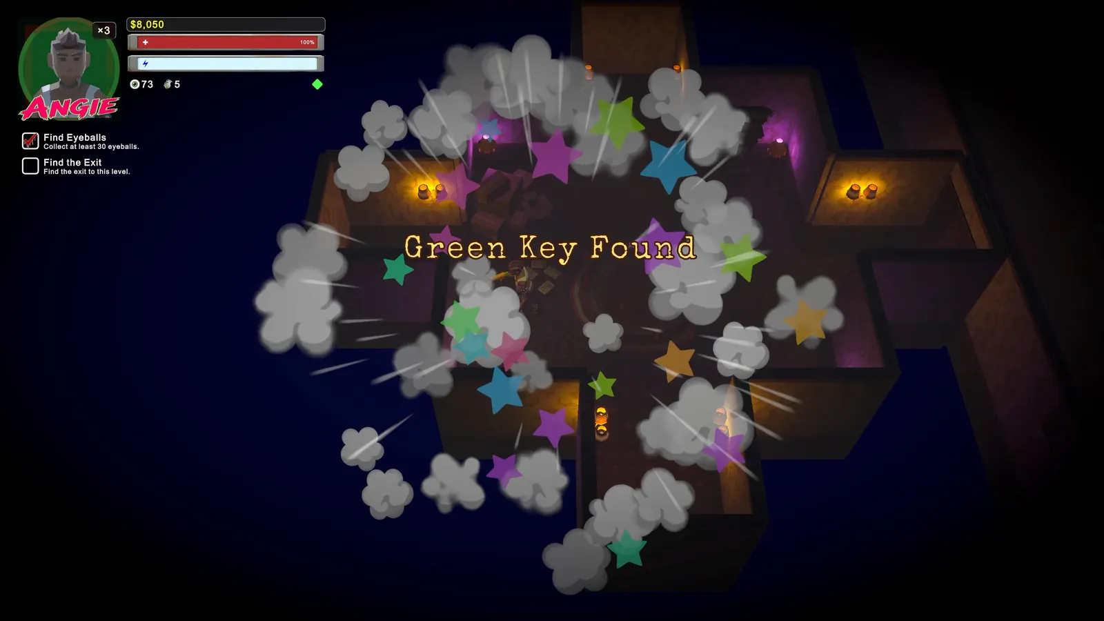 A monster-heavy room with bright arcade effects and player UI.