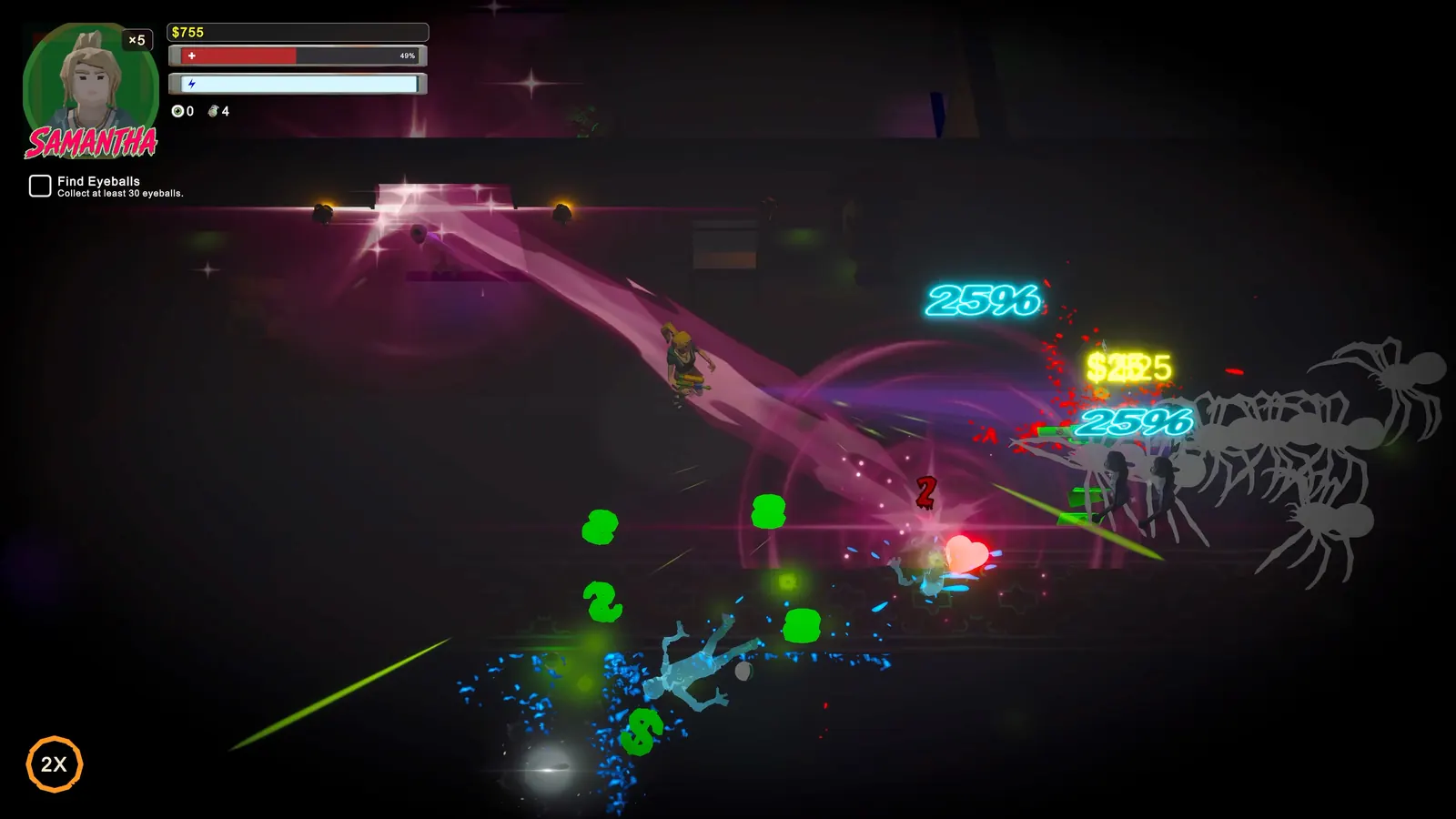 A boss encounter with enemies, pickups, and broadcast-style UI.