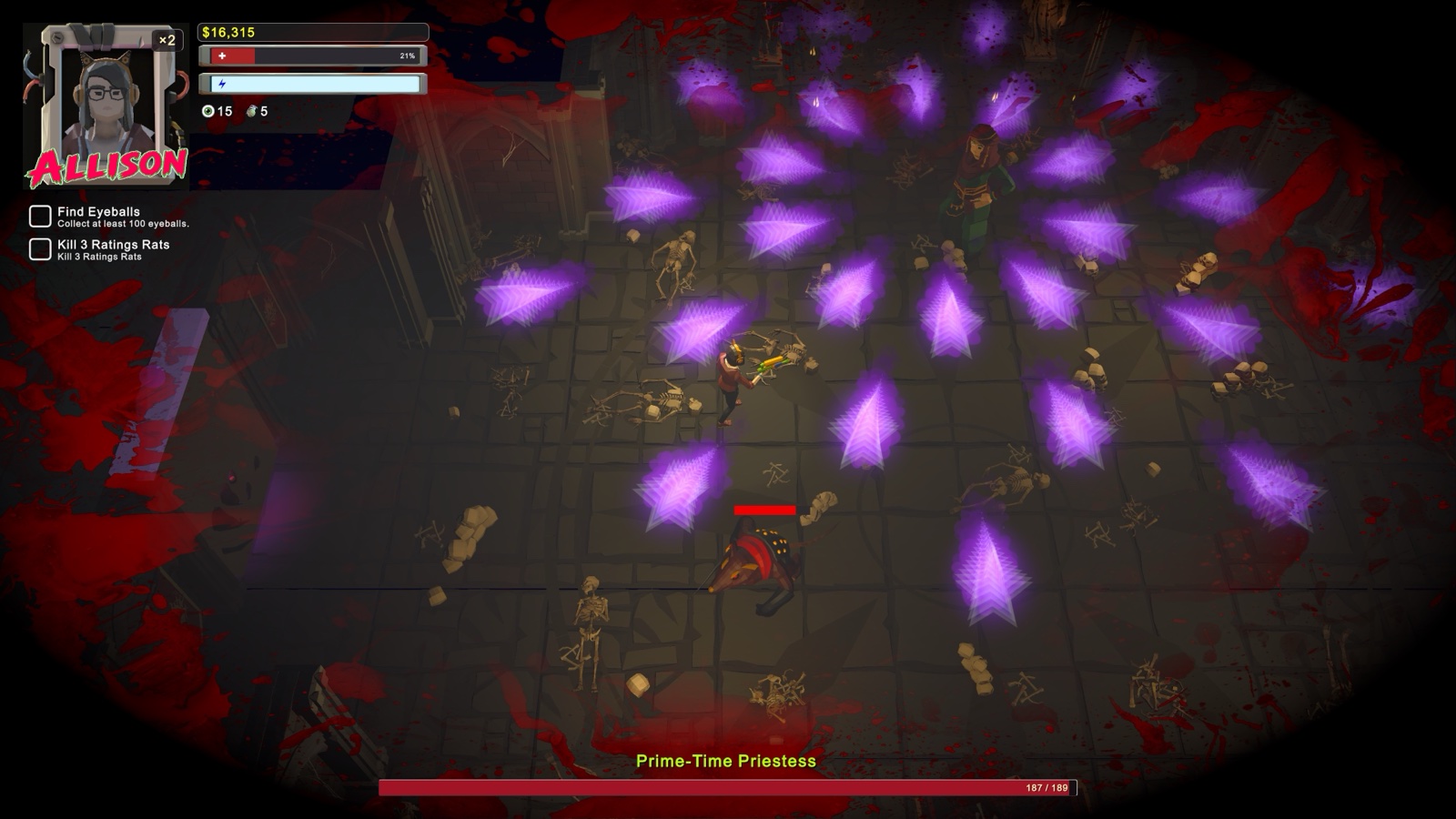 Allison dodging purple projectiles while fighting the Prime-Time Priestess boss.